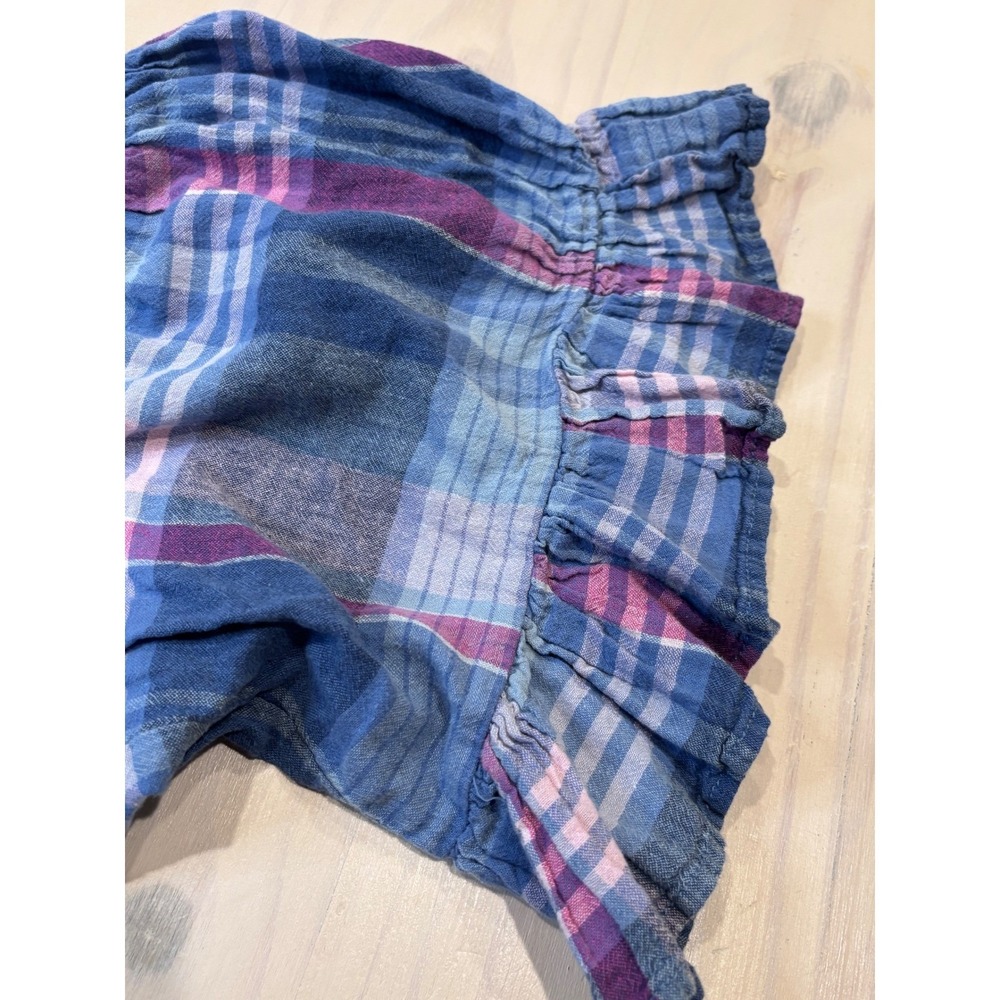 Beach Lunch Lounge Blue Purple Plaid Linen Cotton Square Neck Ruffle Top Large - Picture 12 of 13